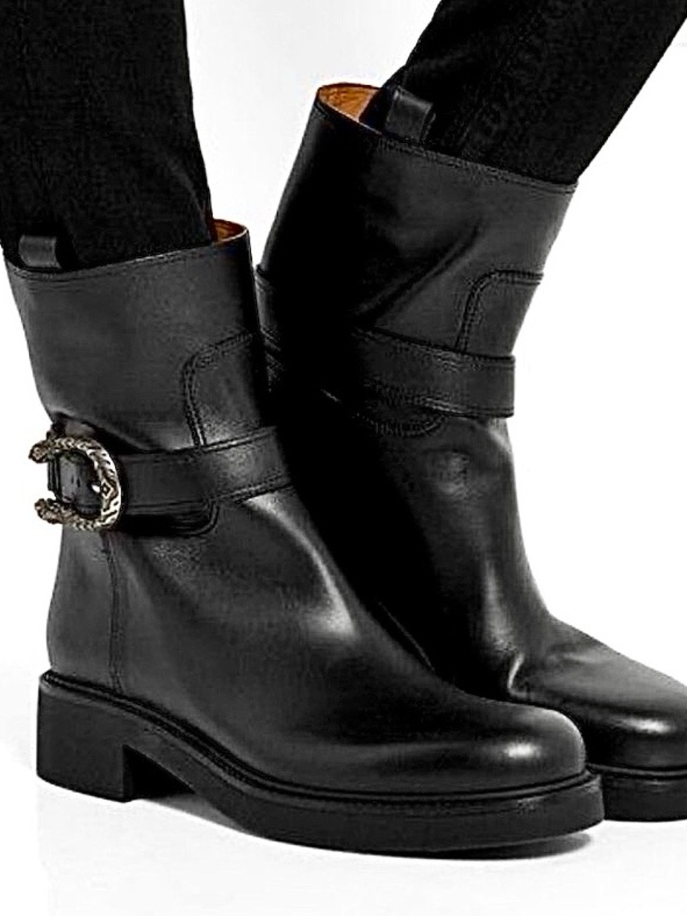 GUCCI Dionysus Tiger Buckle Ankle Boots Italian Leather Black 6 MSRP $1000